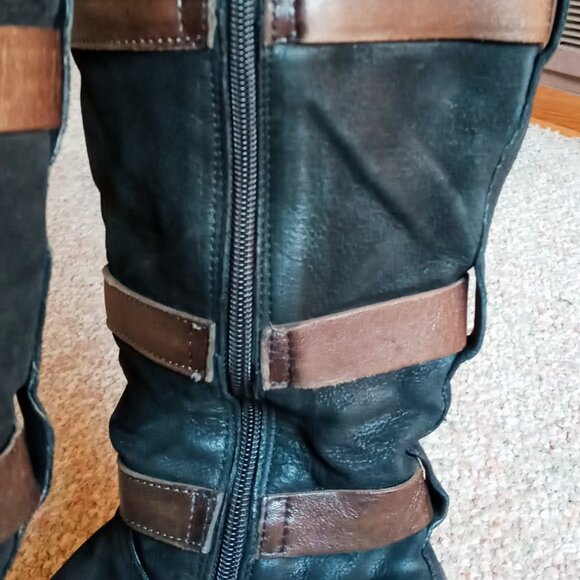 Miz Mooz Charmaine Black & Brown Leather Tall Buckles Boots Sz 7 (Eur 37) - Picture 10 of 16